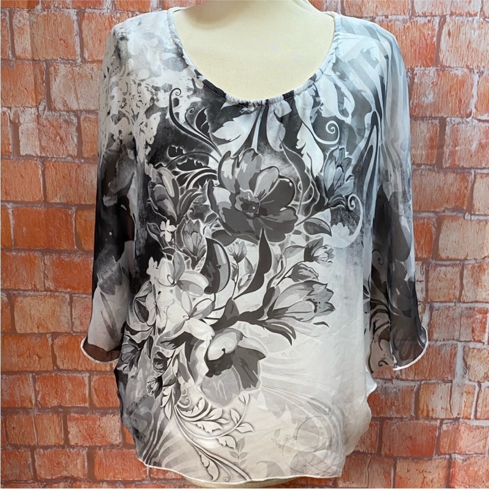 Brittany Black Plus Size Layered Chiffon Floral Print‎ Batwing Sleeve Top